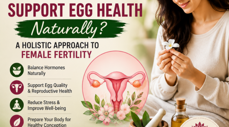 Illustration of Ayurvedic support for female fertility and egg quality, showing a woman with Ayurvedic herbs, reproductive system imagery, and holistic fertility care.