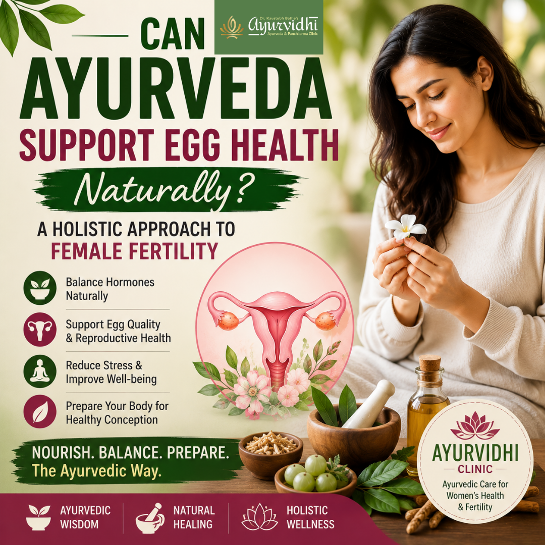 Illustration of Ayurvedic support for female fertility and egg quality, showing a woman with Ayurvedic herbs, reproductive system imagery, and holistic fertility care.