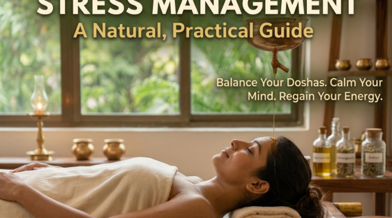 Ayurvedic stress management therapy with Shirodhara, showing a woman relaxing during an Ayurvedic treatment in a peaceful clinic setting.